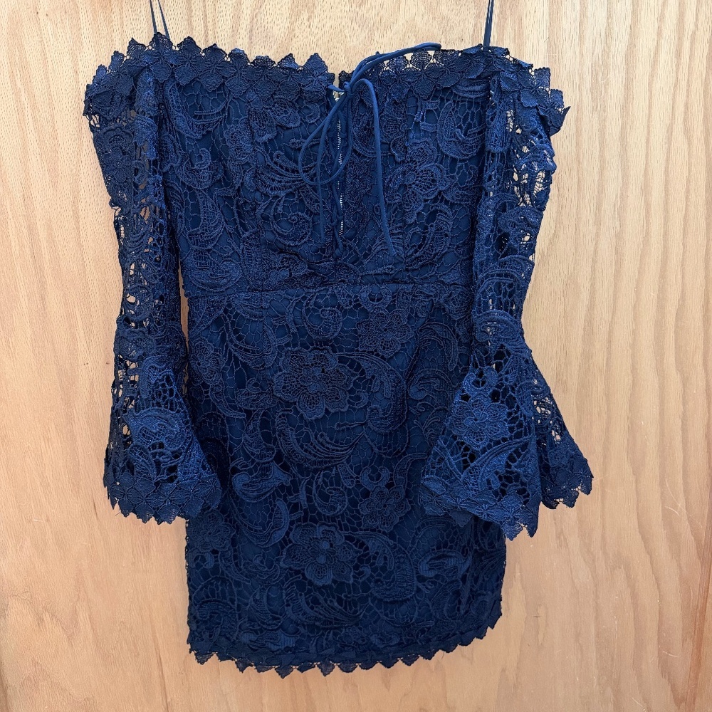 Luxxel Navy Blue Crochet Mini Dress With Bell Sleeves